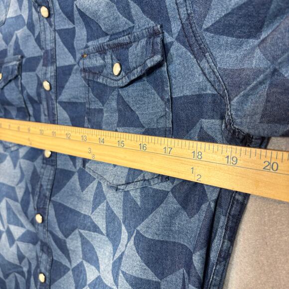 Thread Cloth Distressed Geometric Denim Shirt S Blue Jean Retro Pockets Western - Picture 7 of 9